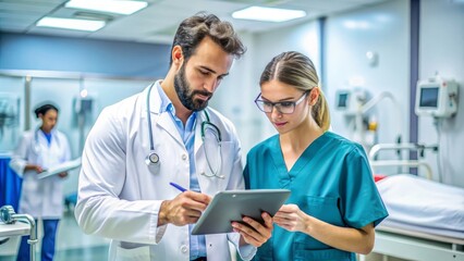 Doctor and Nurse Using Tablet in Hospital.