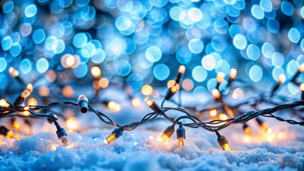 Christmas Lights in the Snow with Blue Bokeh.