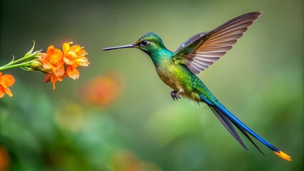 Fototapeta premium Vibrant Hummingbird in Flight with Orange Flowers.