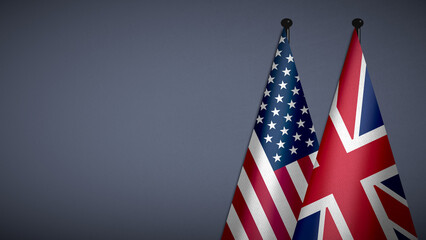 Fototapeta premium 3D rendering of two flag from United States and United Kingdom on flagpoles with Gray background for diplomatic. bilateral relations. peace and conflict between countries. Fabric