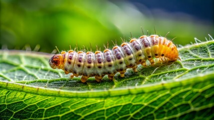 Fototapeta premium Close-Up of a Yellow and White Caterpillar on a Green Leaf.