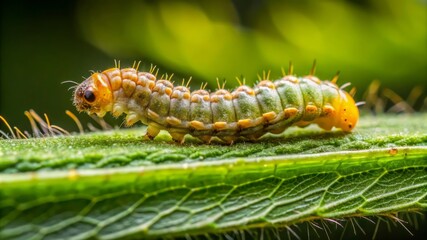 Fototapeta premium Green and Yellow Caterpillar on a Leaf.