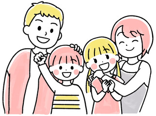 笑顔で並ぶ家族の水彩風手書きのイラスト