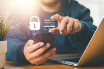 Cybersecurity and privacy concepts to protect data. Lock icon and internet network security technology. Businessmen protecting personal data on laptops and virtual interfaces.