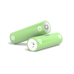 Two AA batteries isolated on white background. Green color. 3d illustration.