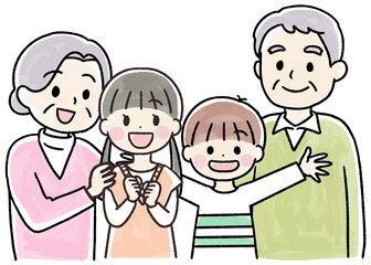 笑顔の孫と祖父母の水彩風手書きイラスト