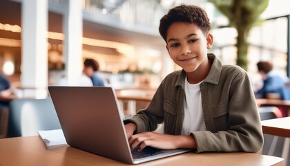 Fototapeta premium Young man working on laptop, boy freelancer or student with computer in cafe at table looking in camera. Model by AI generative