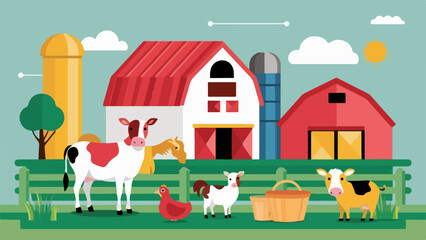 Naklejka premium Farm background with barn, windmill, tractor and cows. Concept of organic products, farming products and farming of cows, chickens, sheep. Vector illustration.