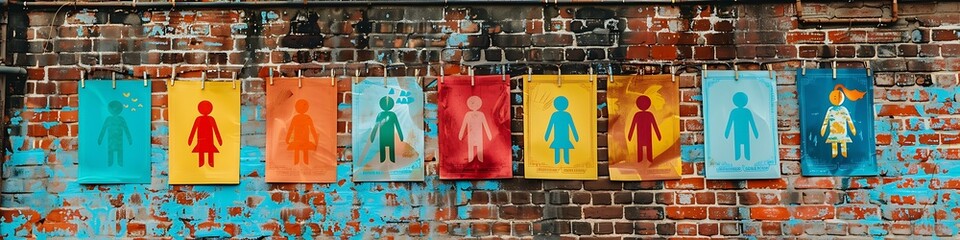 A series of colorful friendship-themed posters hanging on a brick wall, creating a cheerful display.