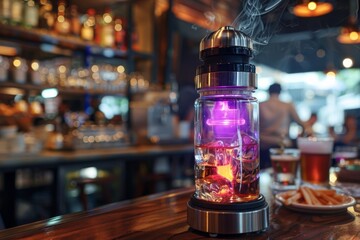 Neon lit bar scene with bottles showcasing a vibrant nightlife and modern design elements