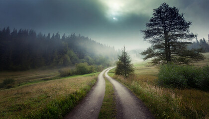 Scenic dark mystic landscape with road, scary forest and misty fog in morning. Adventure and travel