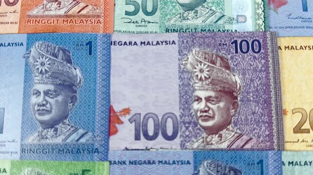 Malaysia banknotes of denominations RM1, RM5, RM10, RM20, RM50 and RM100 Closeup view