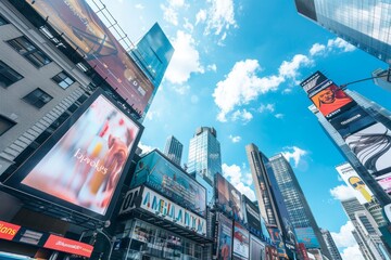 A vertical 9x16 sized billboard, A billboard on top of the building, middle of the frame, focus on billboard, modern city, modern, cinematic, spacious, bright look, mid-day, Sony A7III, 24mm f4 lens, 