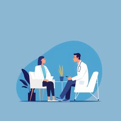 A doctor and a patient sit opposite each other during a medical consultation. Discreet minimalist style, blue background.