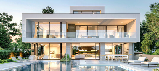 Fototapeta premium A modern cottage with large windows overlooking a swimming pool and garden. The sun is setting, casting a warm glow on the scene