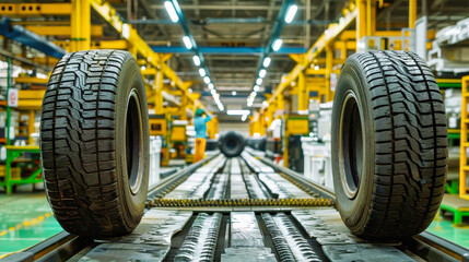A single tire rolls along a conveyor belt, its deep tread grooves reflecting the bright lights of a busy tire factory. The yellow walls and green floor create a vibrant contrast