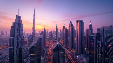 The urban jungle awakening at sunrise, a city skyline against a gradient sky, reflections on glass buildings, traffic flowing smoothly, a sense of progress and growth, Photography, shot with a wide-an