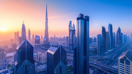 Fototapeta premium The urban jungle awakening at sunrise, a city skyline against a gradient sky, reflections on glass buildings, traffic flowing smoothly, a sense of progress and growth, Photography, shot with a wide-an