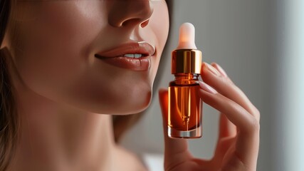 Fototapeta premium Banner open serum bottle in womans hands side view. The concept of natural cosmetics, body care, spa treatments.