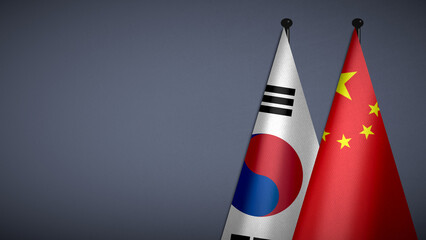 3D rendering of two flag from South Korea and China on flagpoles with Gray background for diplomatic. bilateral relations. peace and conflict between countries. Fabric