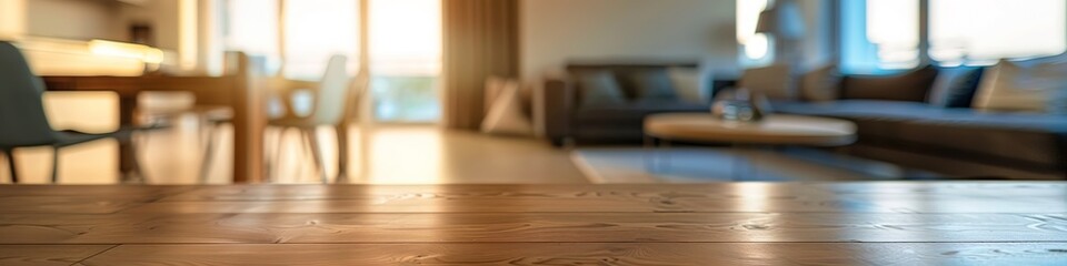 Empty wooden table with blurred modern living room background