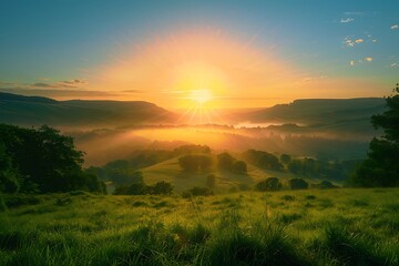 Obraz premium A serene sunrise over a misty green valley, representing the fresh beginnings and renewal found in friendships.