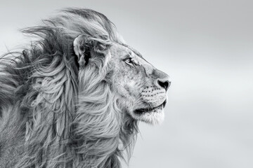 huge male lion with an incredibly beautiful, full mane, windblown, looking to the side, black and white