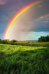 Obraz premium A serene scene of a green meadow with a rainbow arching over it, symbolizing the diverse colors of friendship.