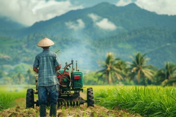 Obraz premium Farmer Operating Tractor in Lush Field