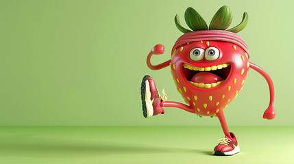 A vibrant animated strawberry wearing sneakers, representing health and active lifestyle.