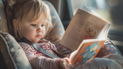 A toddler reading a book in a car seat, absorbed in the story. The image captures a quiet moment of childhood curiosity and learning, with copy space available.