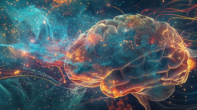 A colorful, abstract representation of a human brain with neural connections, symbolizing creativity, thought processes, and neural activity.