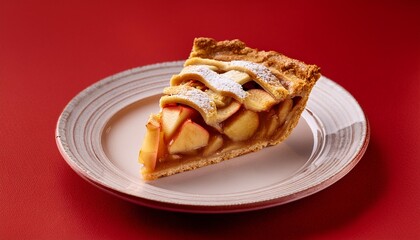 Apple pie slice on red background
