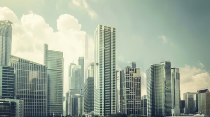 A modern skyline dominated by sleek, contemporary buildings, illustrating an advanced urban landscape without any traces of the old town