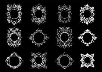 Intricate Collection of Twelve Vintage Ornamental Frames on Black Blackground For Different Type of Posters, Cards, and Backgrounds