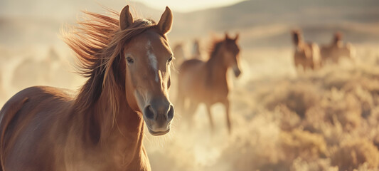 Obraz premium Wild Horses Running in Sunlit Desert Landscape