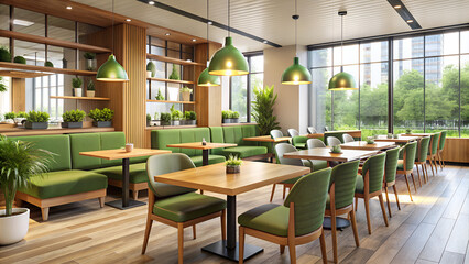 Fototapeta premium Modern restaurant interior with lush greenery, wooden accents, and stylish lighting. Eco-friendly café design featuring green upholstery, natural light, and plant-filled walls.