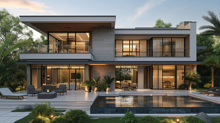 Fototapeta premium 2-storey house on a land with 5 meters of facade and 15 meters in length, light colors, modern model, dark frames,