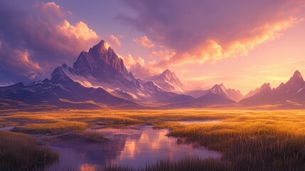 Fototapeta premium Stunning sunset over serene mountain landscape with peaceful water reflections, capturing nature's beauty and tranquility.