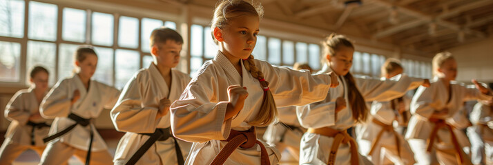 Young Karate Student Demonstrates Powerful Kata Moves in a Sunlit Dojo - Powered by Adobe