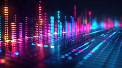 Vibrant digital audio waves in colorful patterns, representing music frequencies and sound visualization technology.