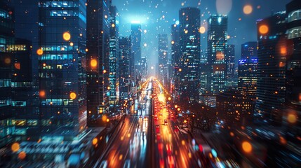 Obraz premium City scene at night, bright lights on tall buildings 