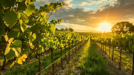 Fototapeta premium A scenic vineyard with rows of grapevines under a golden sunset, representing the richness and maturity of friendships.