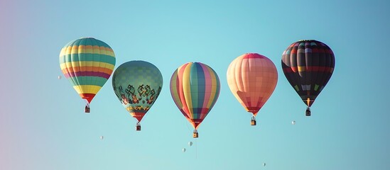 Fototapeta premium A rainbow of hot air balloons floating gracefully in a clear sky, symbolizing the uplifting nature of friendships.
