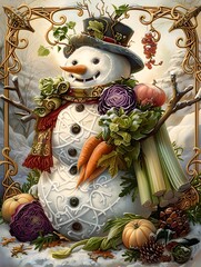 Whimsical Produce Snowman in Storybook Winter Wonderland