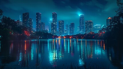 Fototapeta premium iconic shot of city skyline at night, ultrarealistic photography 