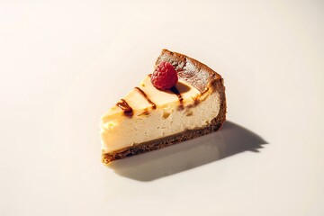 cheesecake, sitting elegantly on a pristine white background