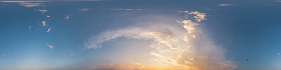 360 panorama of glowing sunset sky with bright Cirrus clouds. Seamless hdr spherical 360 panorama. Sky dome in 3D visualization, sky replacement for aerial drone panoramas. Weather and climate change