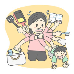 忙しく子育てしているお母さんのイラスト