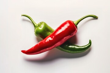 A vibrant photograph of two fresh red and green chili peppers